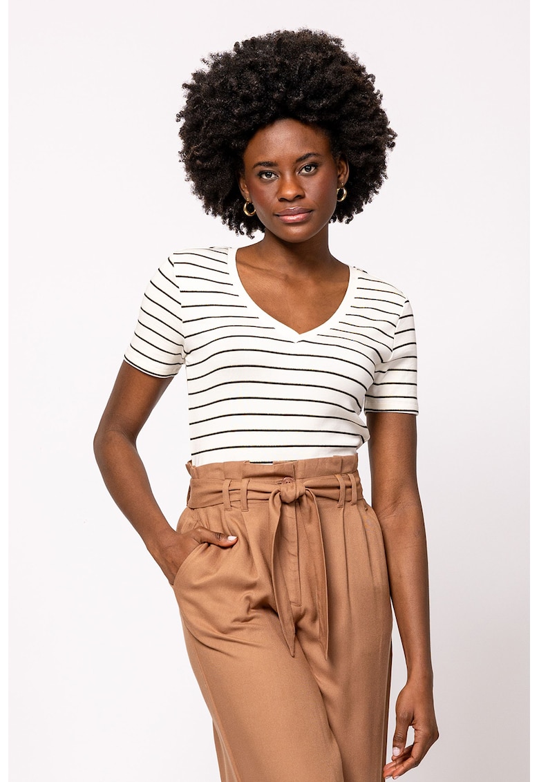 Tricou din amestec de modal cu decolteu in V si model in dungi Mistry