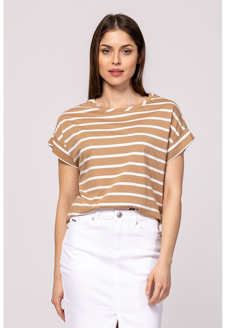 Tricou din amestec de bumbac si modal in dungi Millie - Alb/Caramel