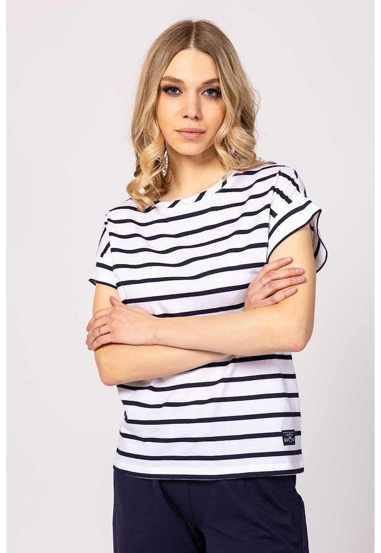 Tricou din amestec de bumbac si modal in dungi Millie - Alb optic/Bleumarin