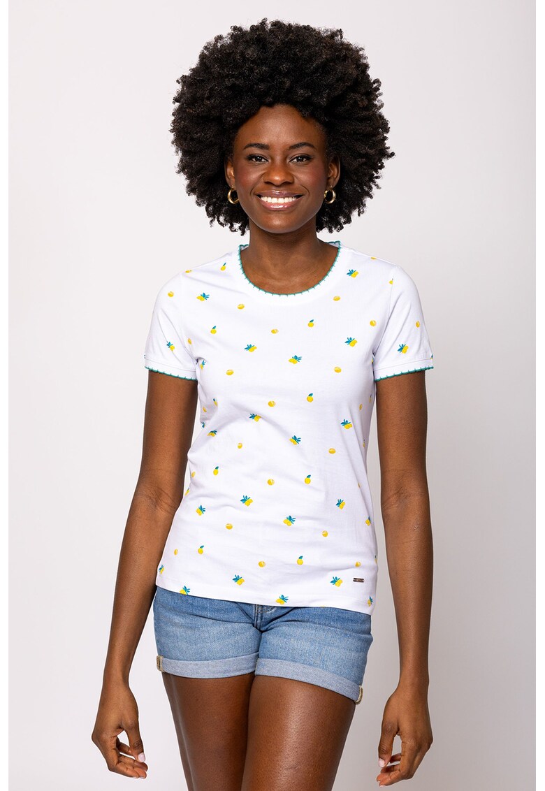 Tricou cu imprimeu si decolteu la baza gatului Metera - Galben pai/Alb optic