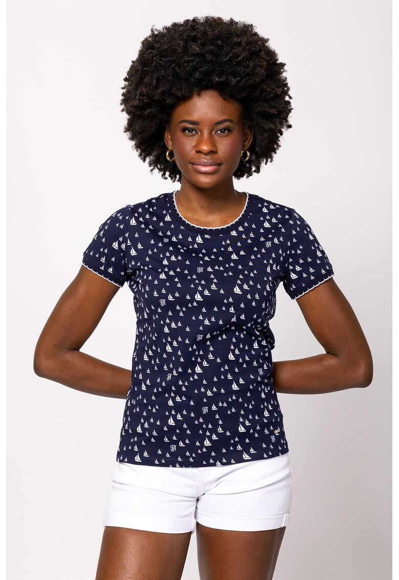 Tricou cu imprimeu si decolteu la baza gatului Metera - Alb/Bleumarin