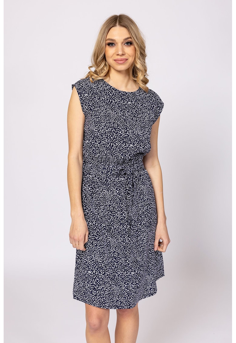 Rochie maneci scurte - decolteu rotund - talie cu curea - bleumarin - 100% viscoza