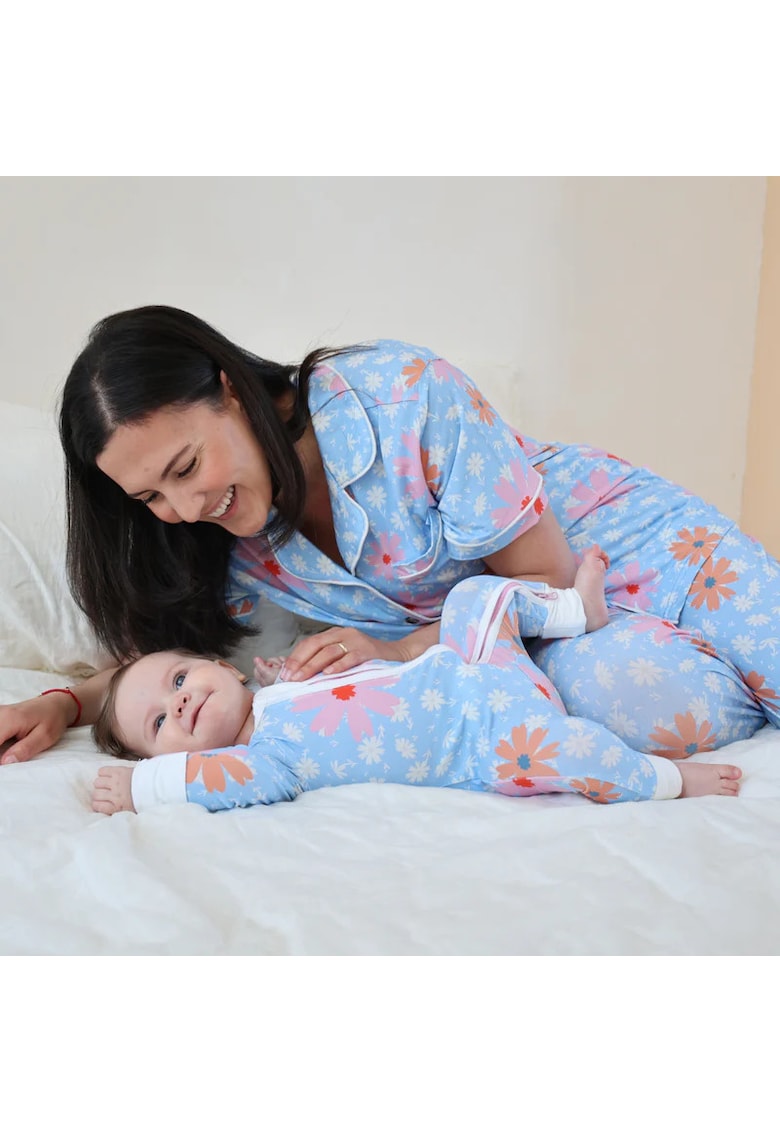 Pijamale lungi din bambus cu fermoar reversibil -  - Daisy - Bleu cu floricele Roz - pentru fetite
