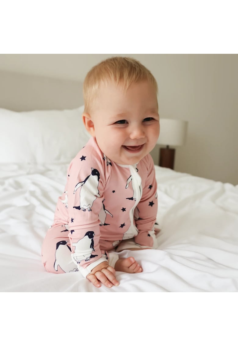 Pijamale lungi din bambus cu fermoar reversibil -  - Pink Penguin - Roz - pentru fetite