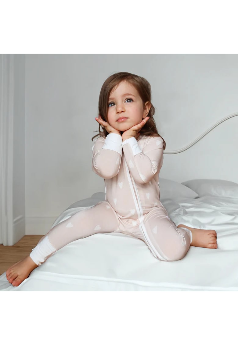 Pijamale lungi din bambus cu fermoar reversibil -  - LoveHearts - Nude cu Inimioare Albe - pentru fetite