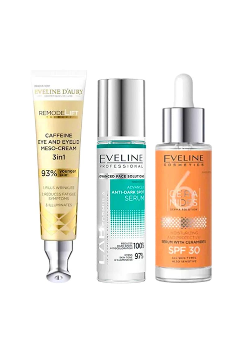 Set ingrijire fata Eveline cu Crema pentru ochi si pleoape - D'Aury RemodeLift Therapy 20 ml - Ser anti-pete pigmentare LAB Formula Advanced - 30 ml si Ser hidratant - SPF 30 - 6 Ceramide - 20 ml