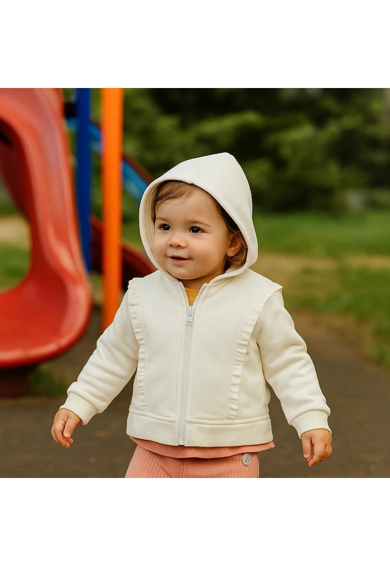 Hanorac cu gluga si fermoar - cu volanase -  - My Roots - Ecru - pentru fetite
