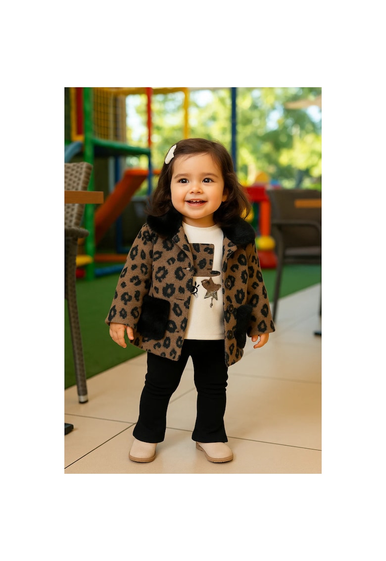 Palton elegant cu blanita - - Chic - Maro - Animal Print - pentru fetite
