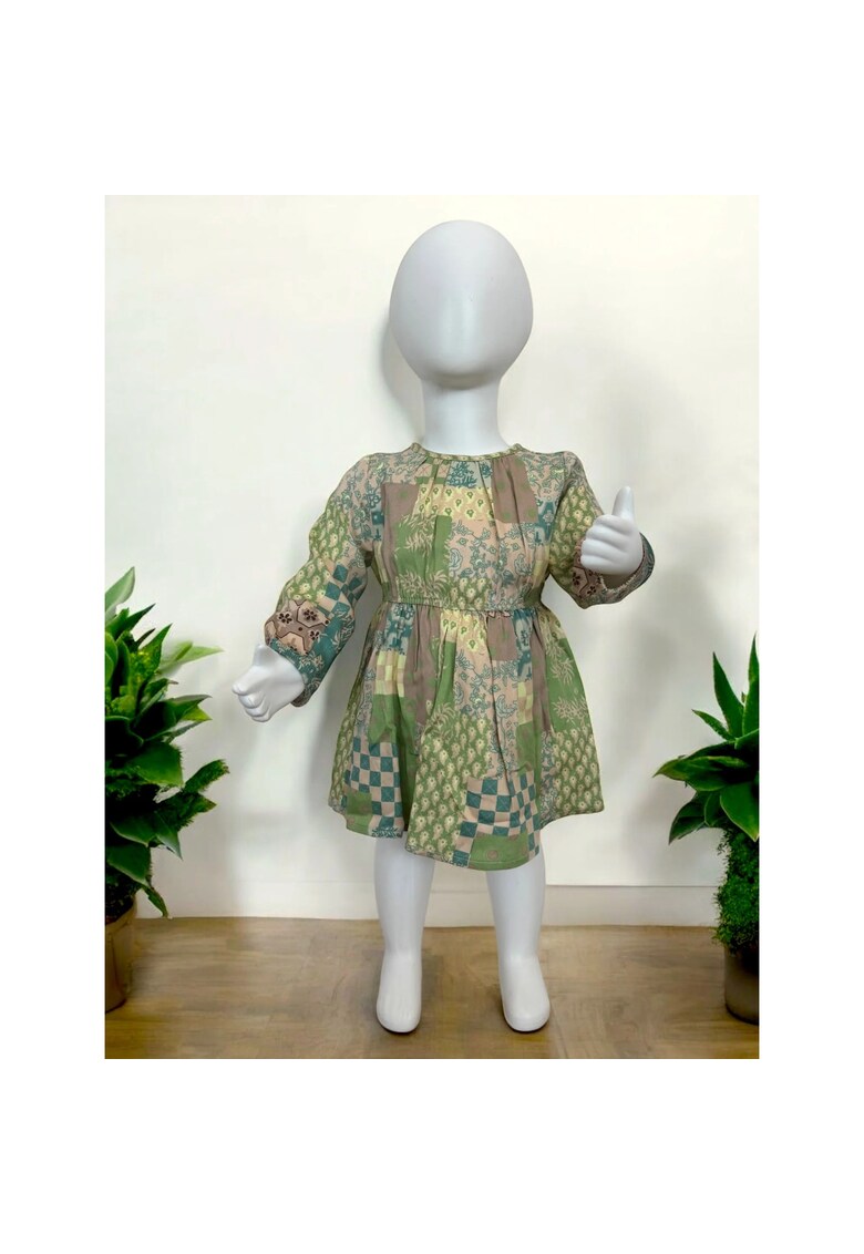 Rochie cu maneca lunga si elastic in talie - - Botanic Garden - Bej & Verde - pentru fetite
