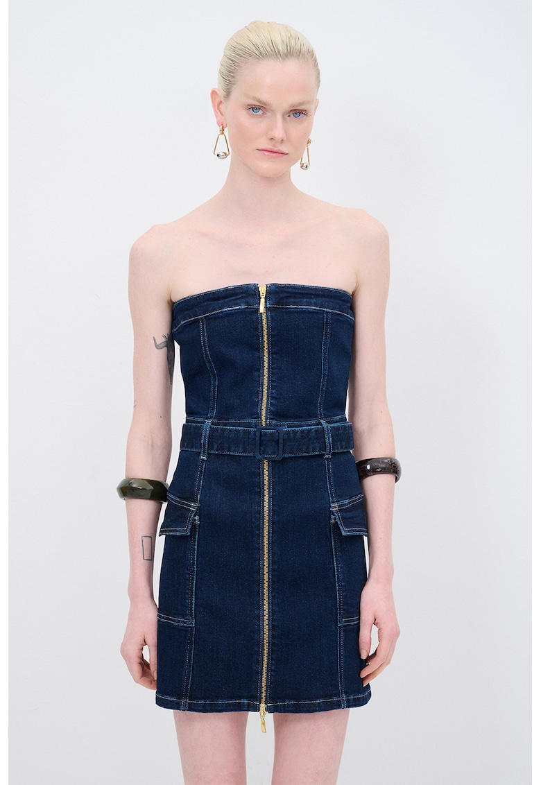 Rochie mini de denim cu cordon in talie