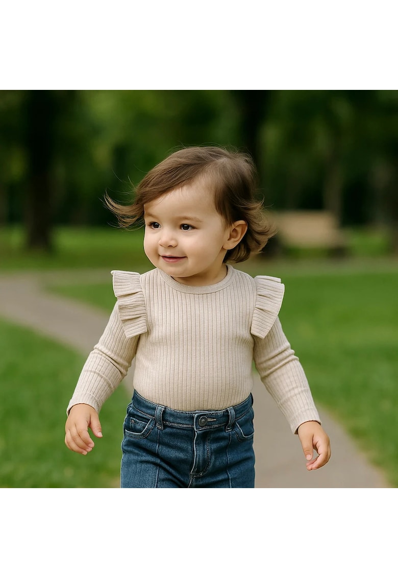 Bluza tricotata cu maneca lunga si volanase - - It`s Our Nature - Gri Melange - pentru fetite - Bej