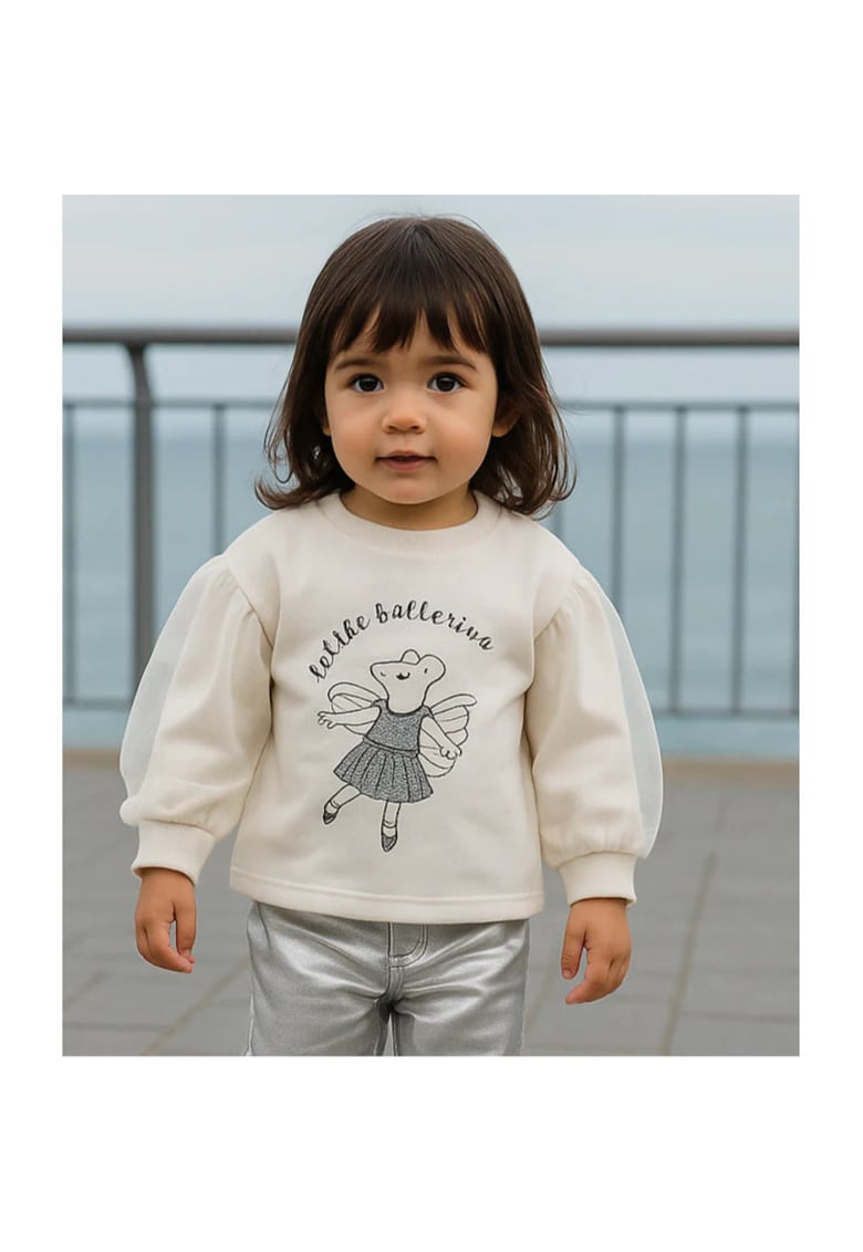Bluza cu maneca lunga si tull - model soricel - - Little Ballerina - Ecru - pentru fetite