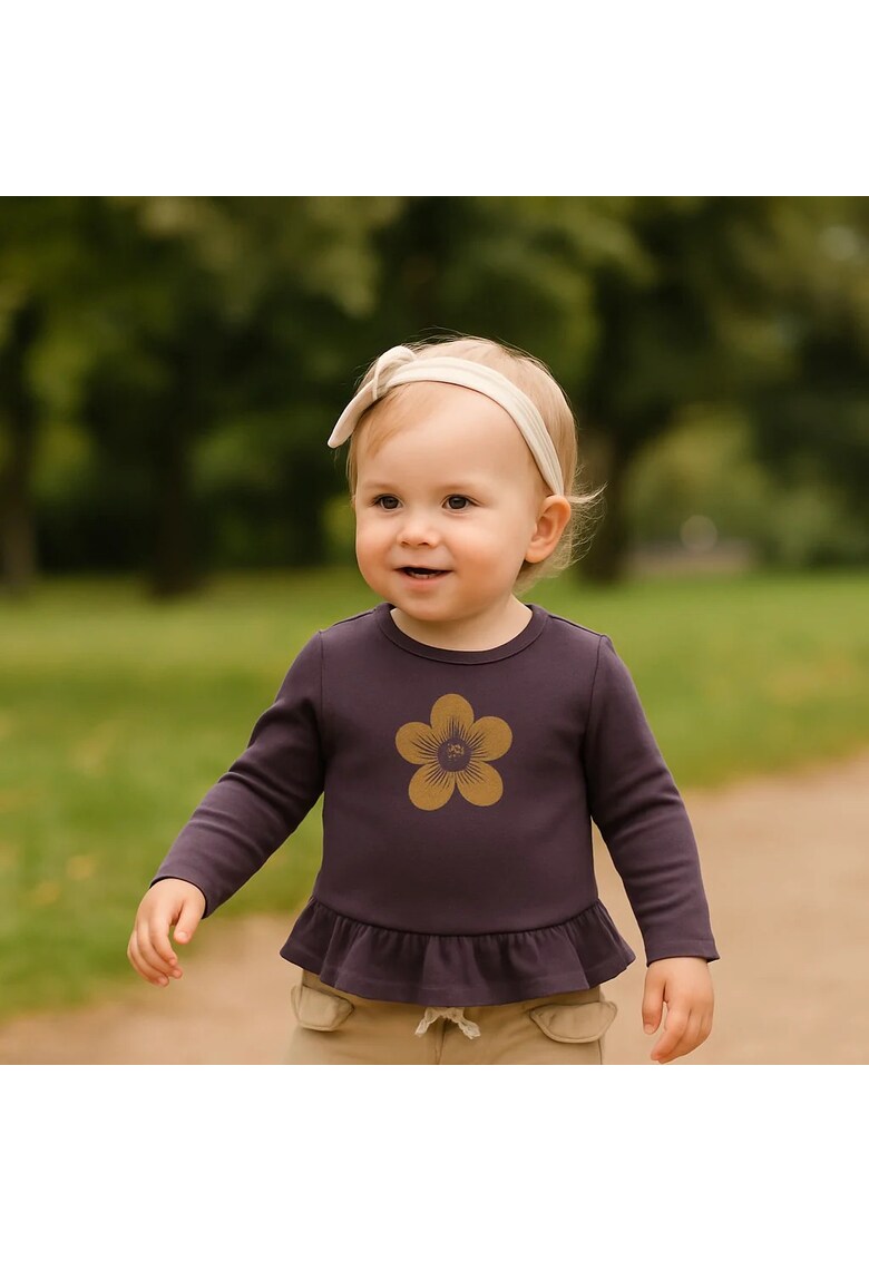 Bluza subtire cu maneca lunga - model cu floricica si volanas in talie -  - Time To Bloom - Mov - pentru fetite