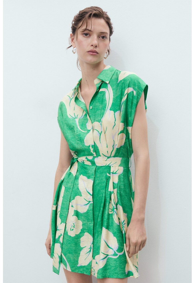 Rochie-camasa mini evazata - Verde/Alb fildes