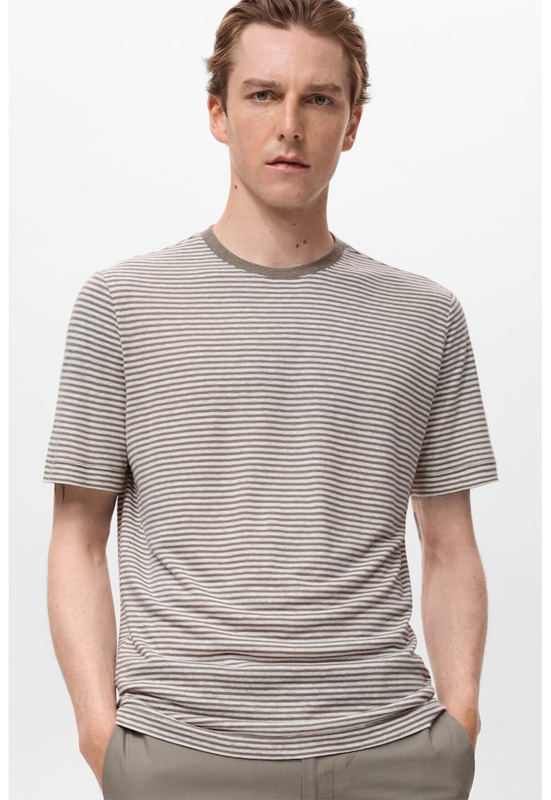 Tricou slim-fit din amestec de in - Alb/Maro inchis