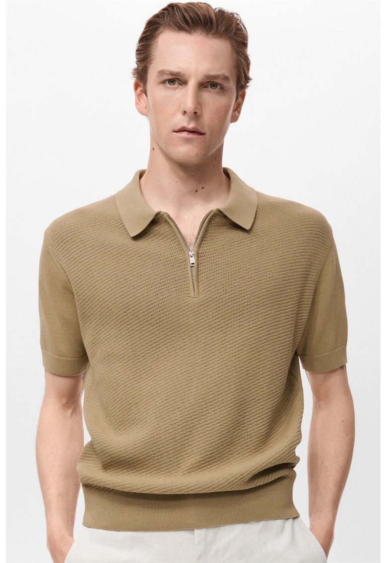 Tricou polo din bumbac cu fermoar scurt