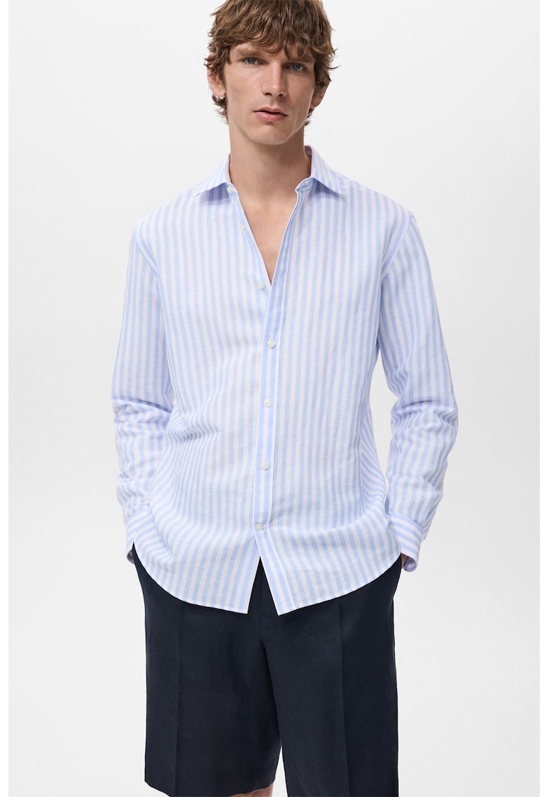 Camasa din amestec de in cu model in dungi - Alb/Albastru deschis