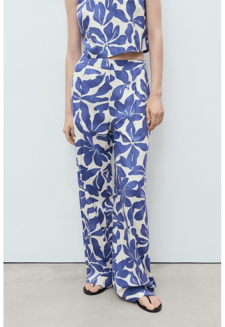 Pantaloni din amestec de in cu croiala ampla - Albastru/Crem