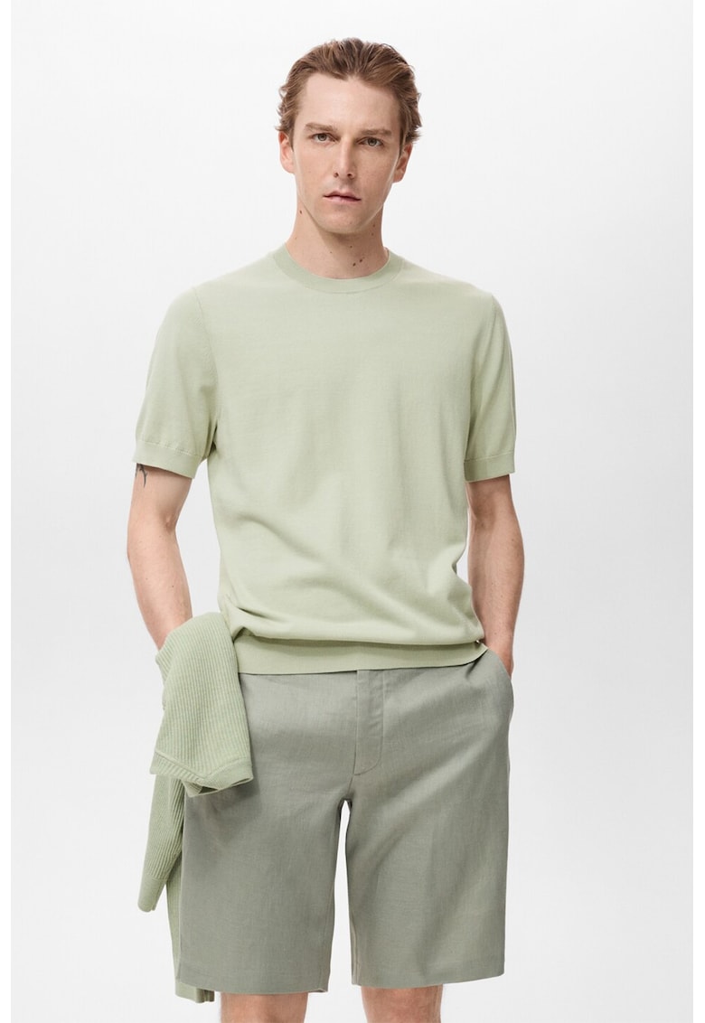 Tricou din bumbac cu decolteu la baza gatului - Verde fistic