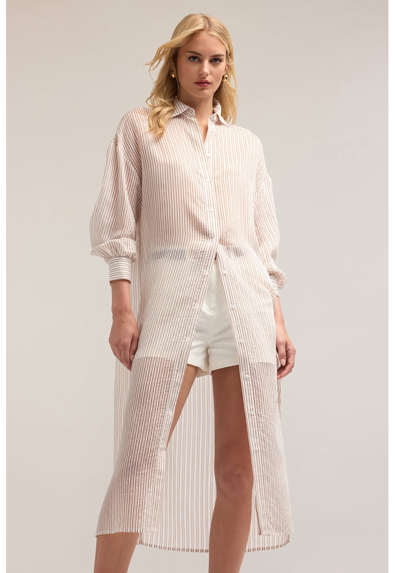 Camasa lunga cu dungi - Maro/Bej