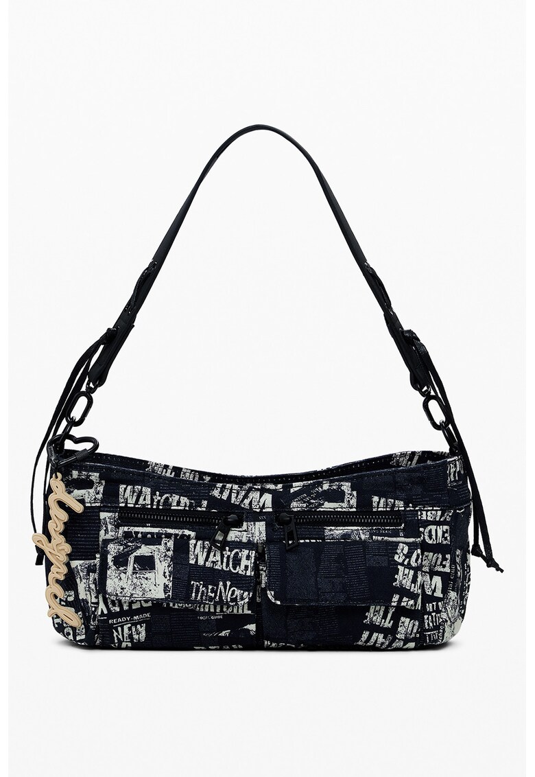 Geanta de umar cu imprimeu text - Negru