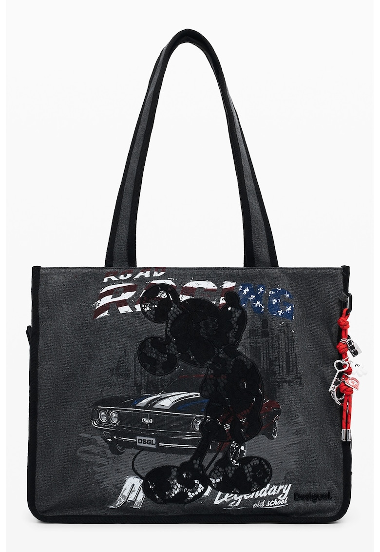 Geanta cu bareta de umar si imprimeu grafic - Rosu/Gri antracit