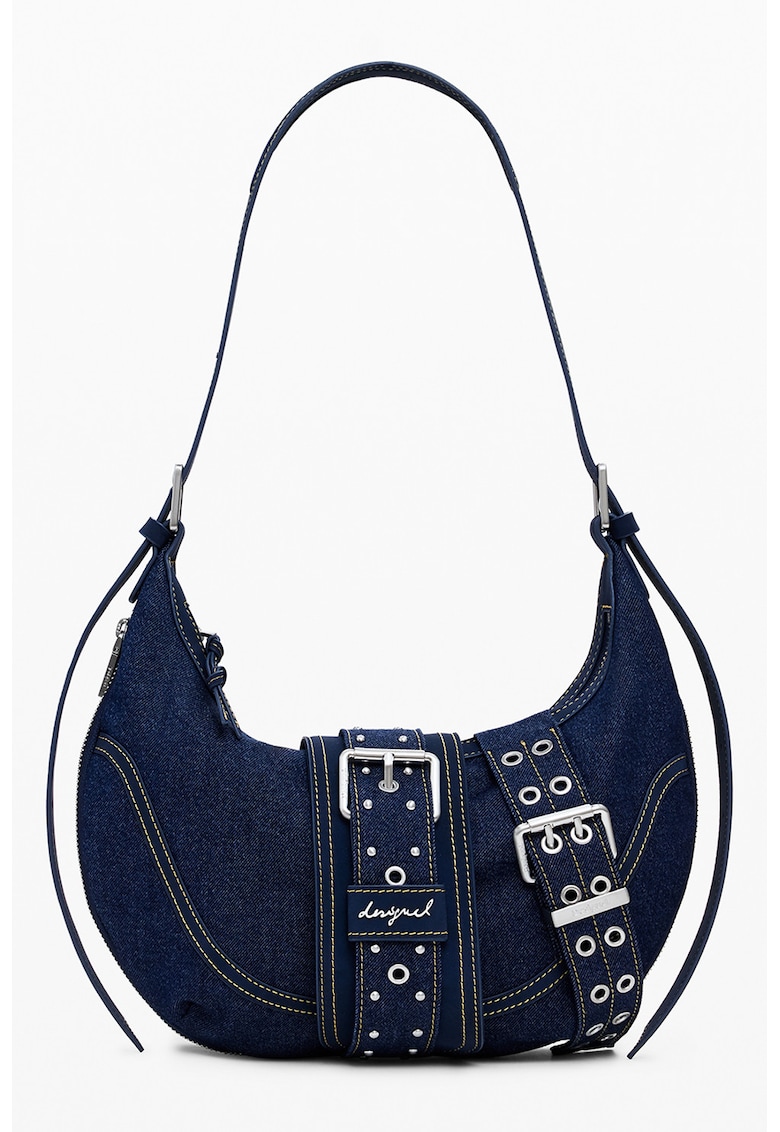Geanta de denim cu bareta de umar si curele