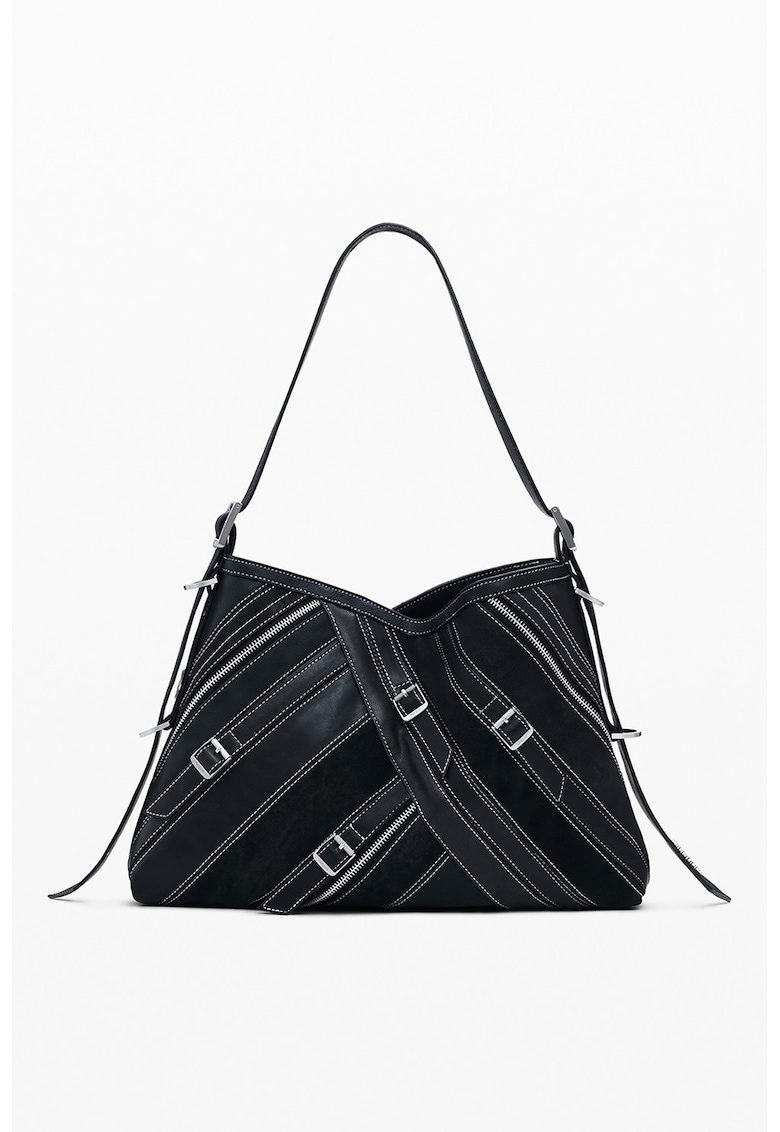 Geanta din piele ecologica cu bareta de umar si cusaturi contrastante