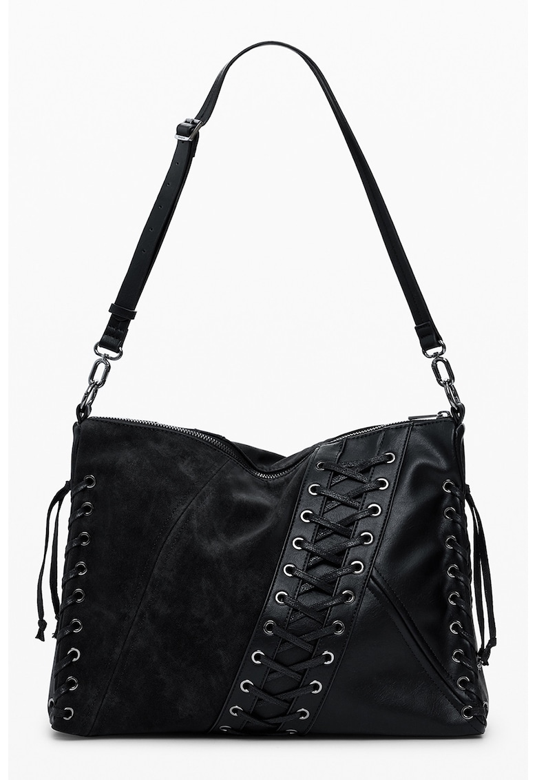 Geanta din piele ecologica cu bareta de umar si detalii incrucisate