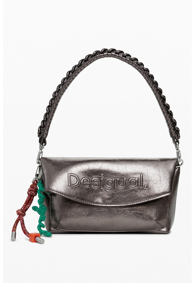 Geanta din piele ecologica cu bareta de umar si aspect metalizat