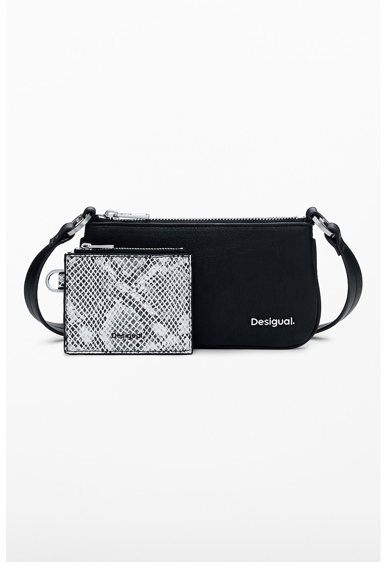 Geanta crossbody de piele ecologica cu portofel detasabil - Negru