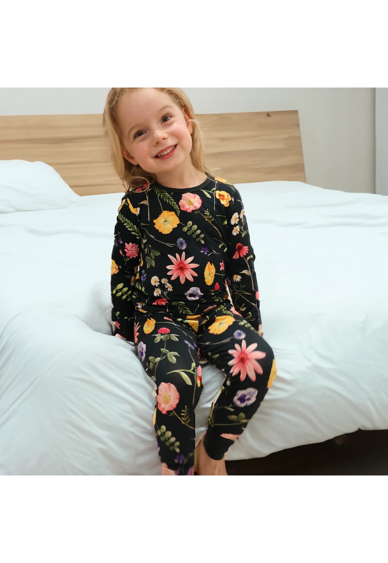 Pijamale 2 piese - material din bambus - - WildFlower - Verde Inchis cu floricele Multicolore - pentru fetite