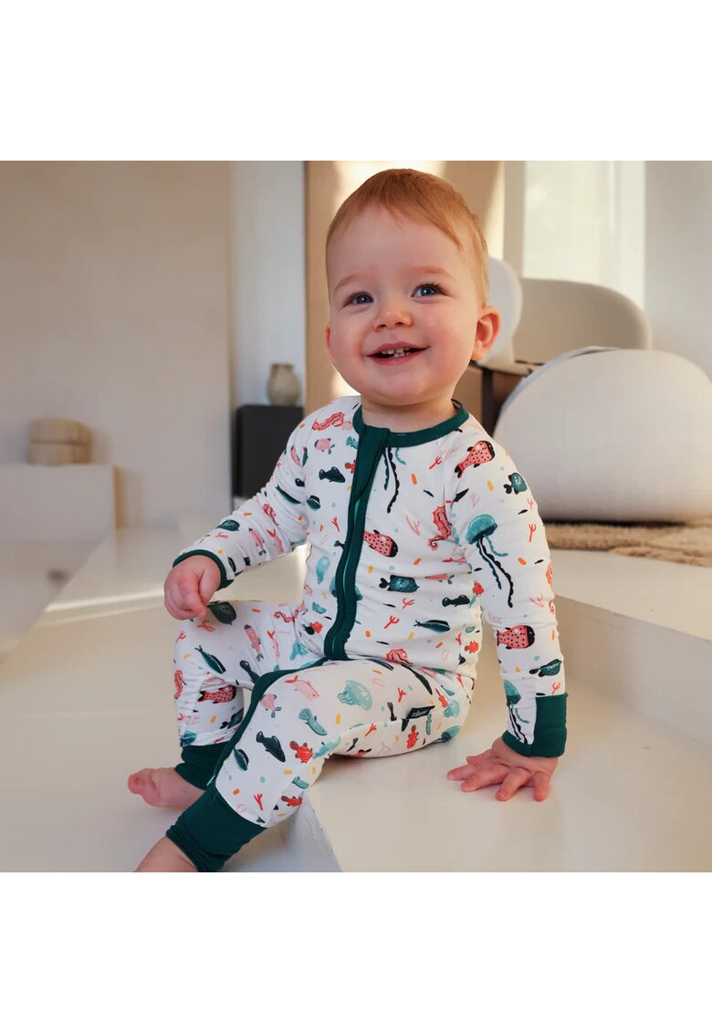 Pijamale lungi din bambus cu fermoar reversibil - - Under The Sea - Alb cu Verde - pentru fetite si baietei