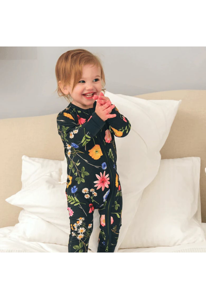 Pijamale lungi din bambus cu fermoar reversibil -  - WildFlower - Verde Inchis - pentru fetite Pijamale lungi din bambus cu fermoar reversibil -  - WildFlower - Verde Inchis - pentru fetite