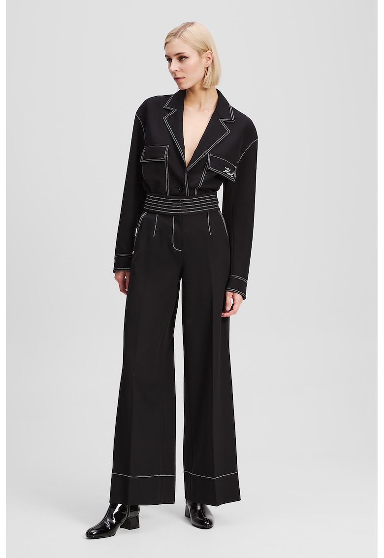 Pantaloni cu cusaturii contrastante si croiala ampla - Negru