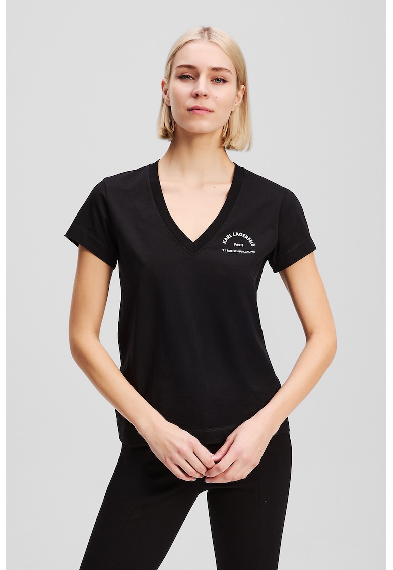 Tricou din bumbac organic cu imprimeu logo si decolteu in V