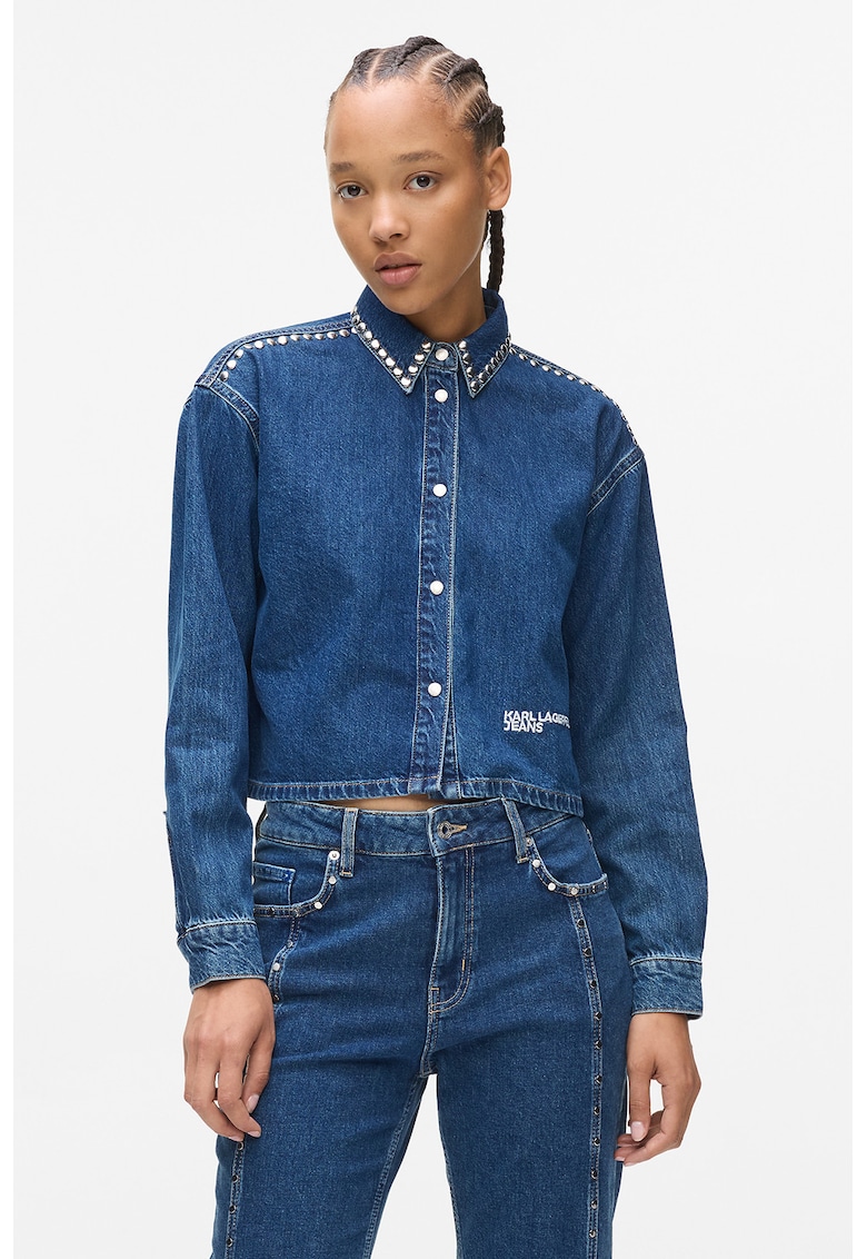Jacheta crop din denim cu aplicatii cu nituri
