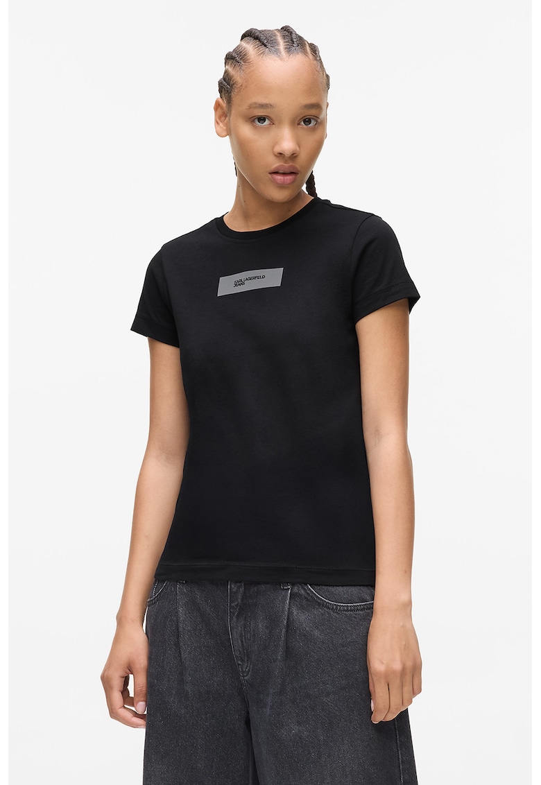 Tricou slim fit din bumbac organic cu logo reflectorizant - Negru