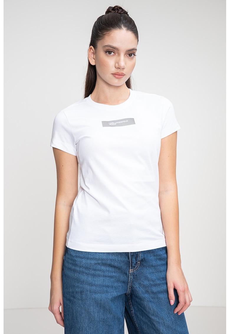 Tricou slim fit din bumbac organic cu logo reflectorizant - Alb