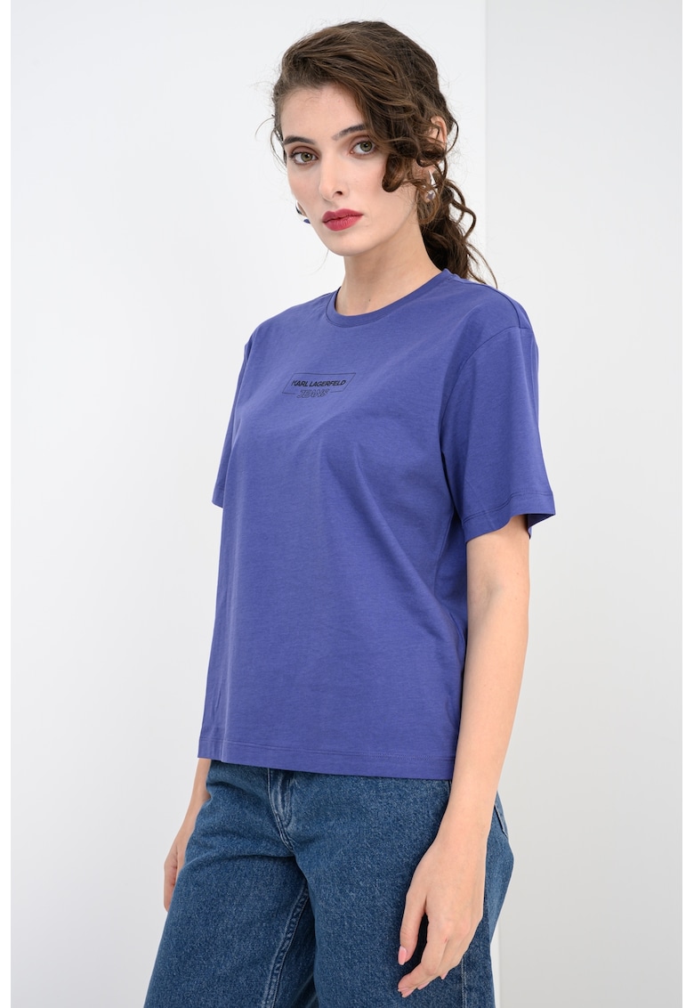 Tricou cu decolteu la baza gatului si imprimeu logo - Albastru indigo