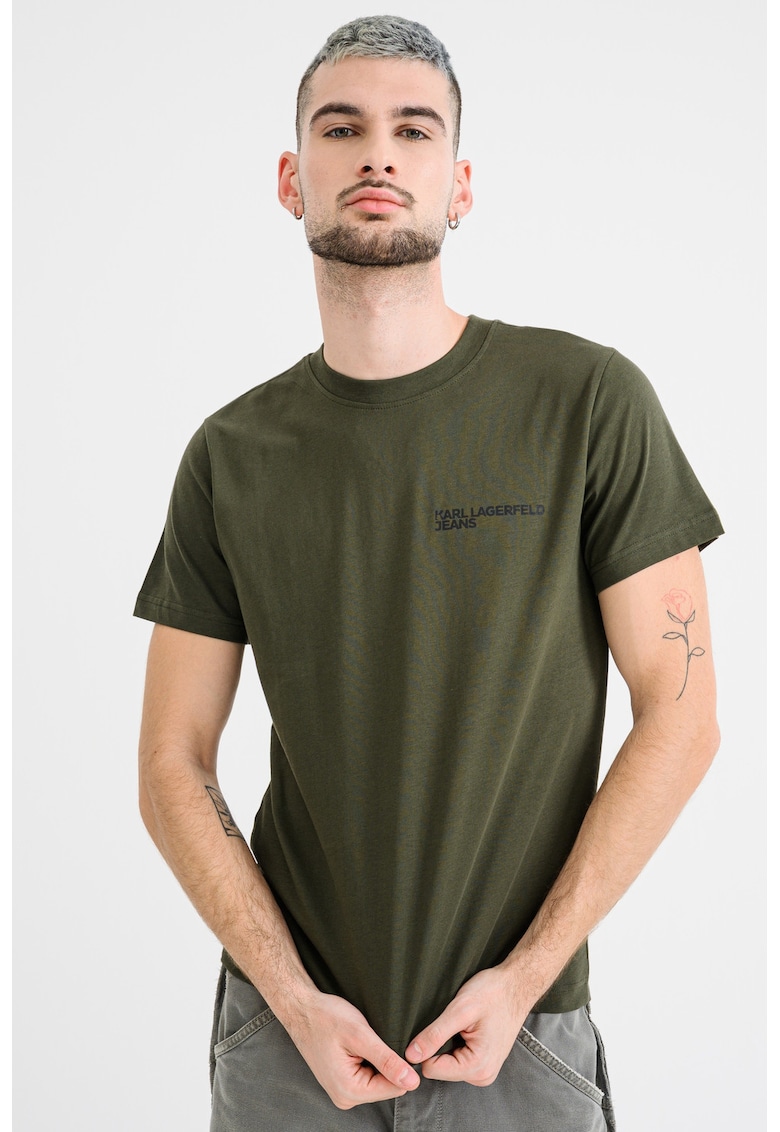 Tricou slim fit de bumbac organic cu imprimeu logo - Kaki inchis