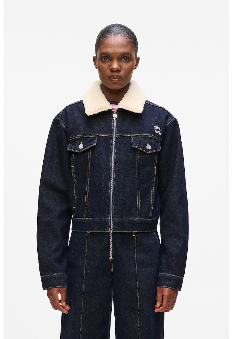 Jacheta din denim cu guler din material teddy