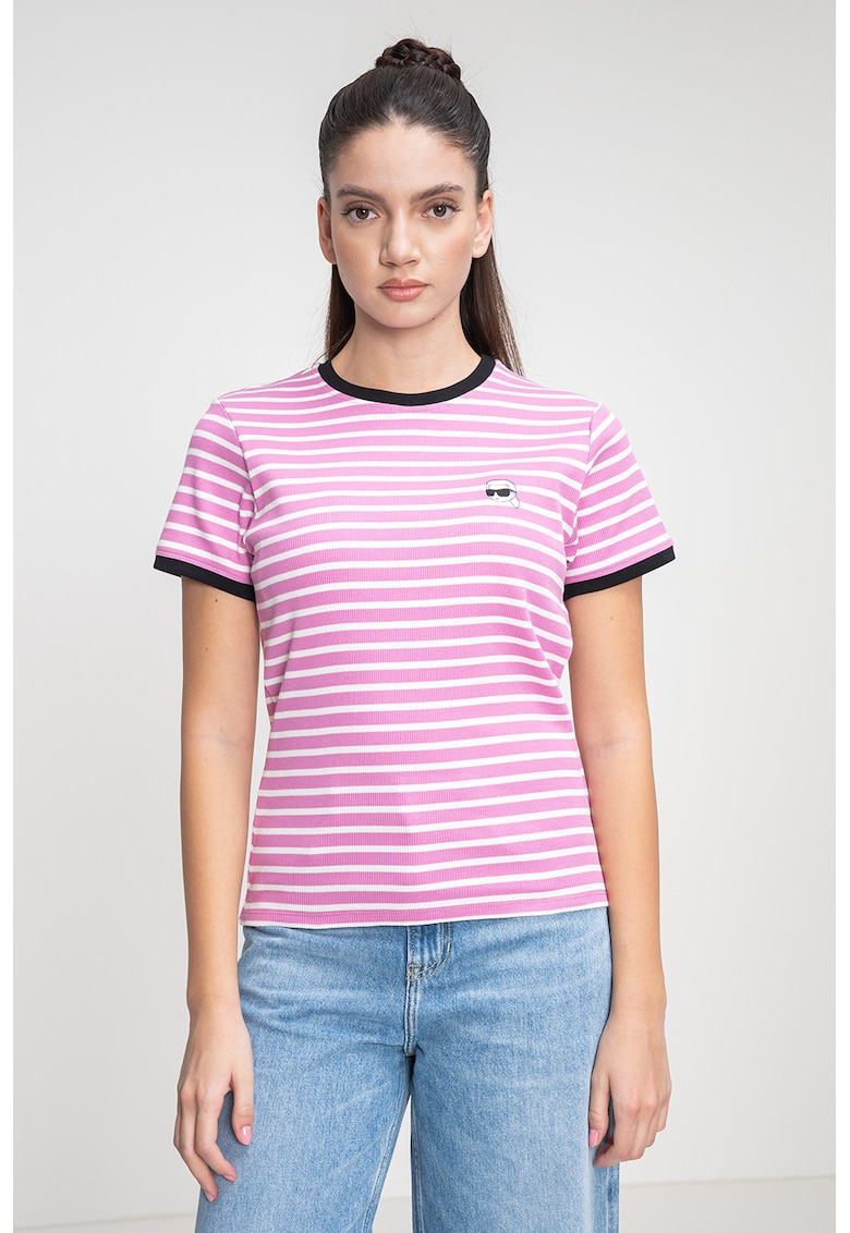 Tricou din amestec de modal cu model in dungi - Alb/Roz