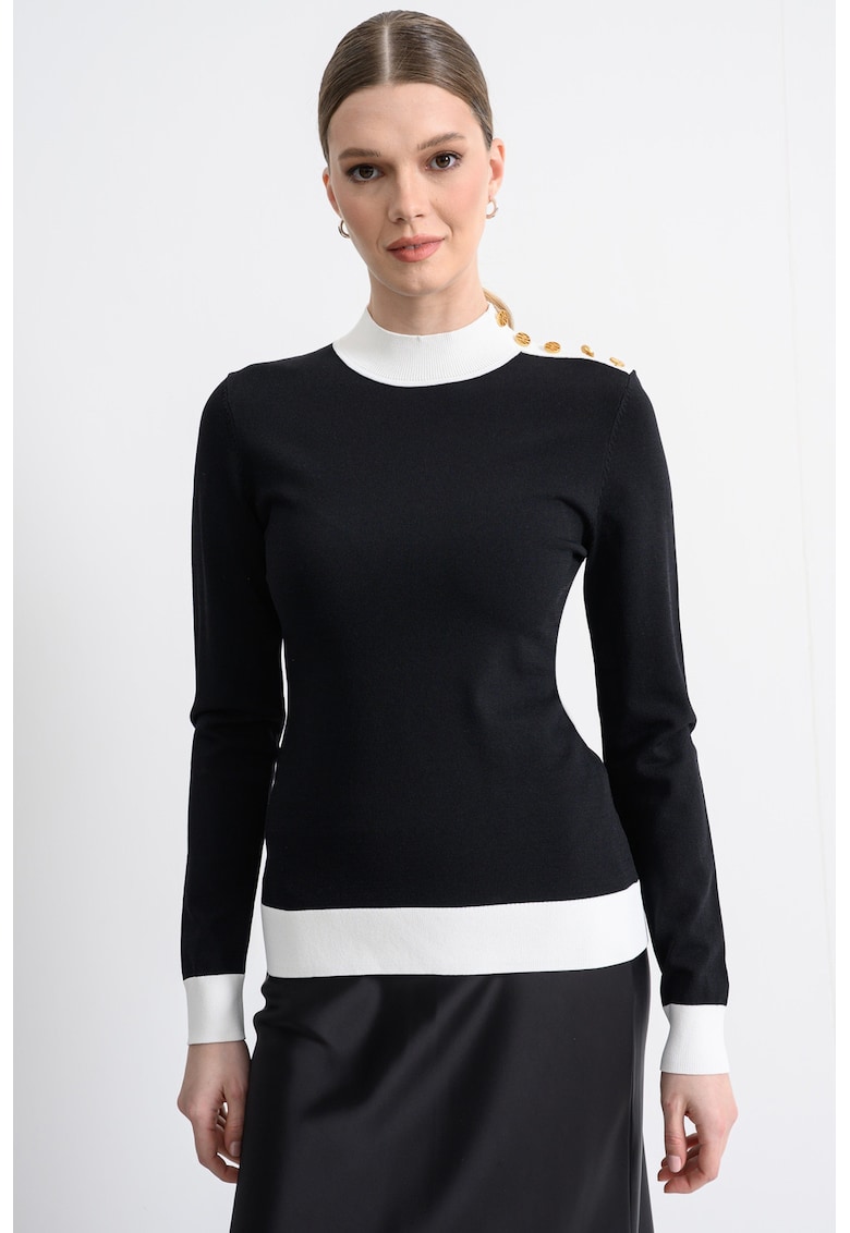 Pulover tricotat fin cu model in doua tonuri - Alb/Negru