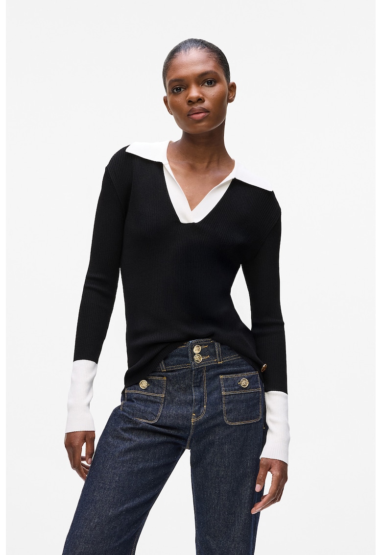Pulover cu guler contrastant - Alb/Negru