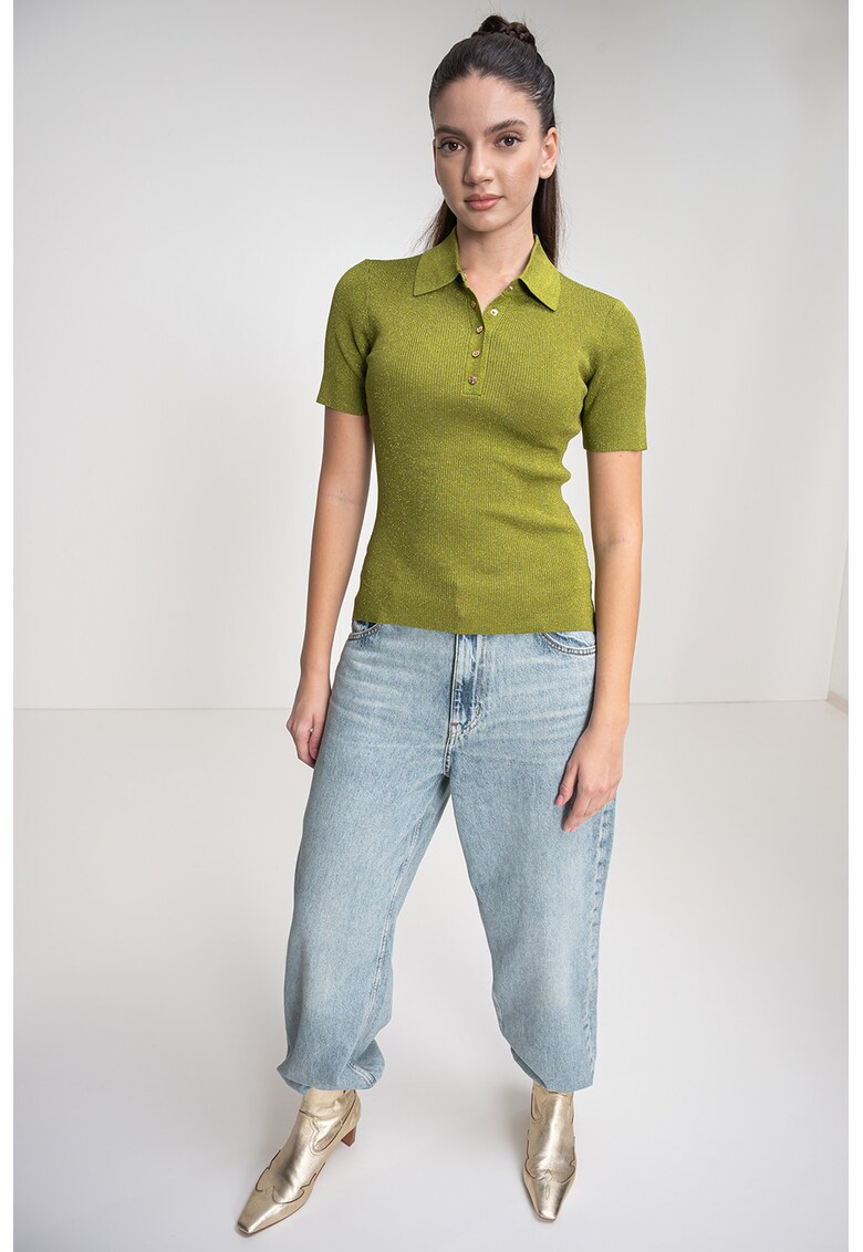 Tricou polo cu insertii de lurex - Verde