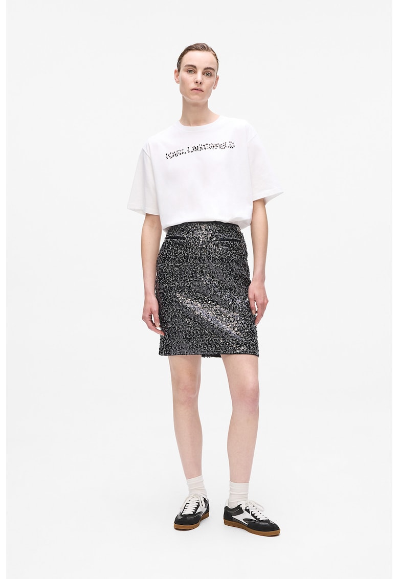 Fusta mini cu croiala dreapta si decorata cu paiete