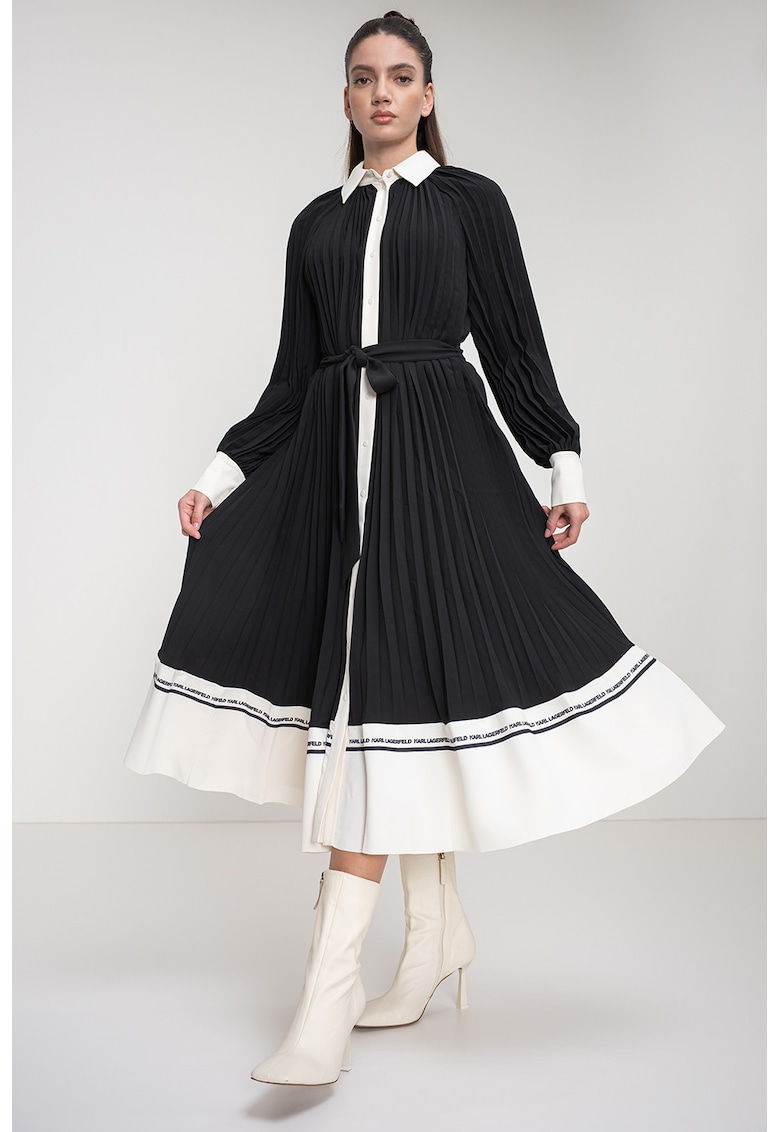 Rochie evazata cu pliuri si maneci bishopp - Negru/Alb murdar