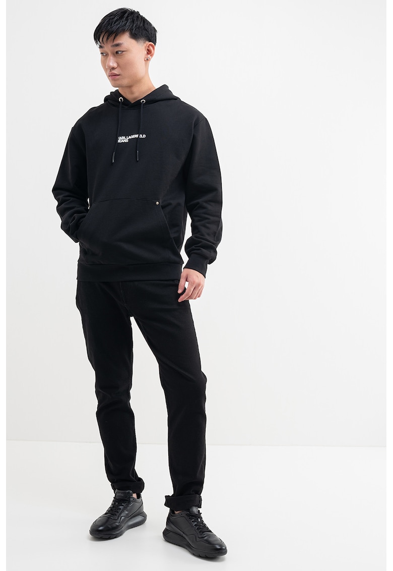 Hanorac cu imprimeu logo si buzunar kangaroo - Negru