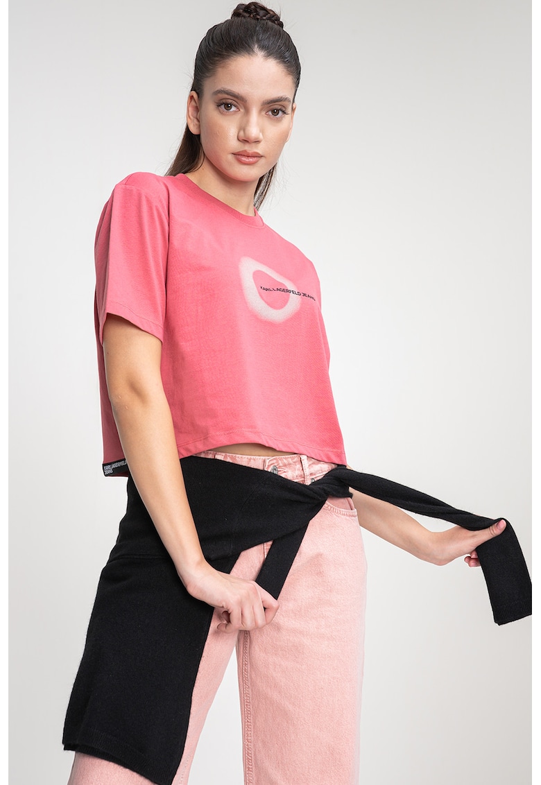 Tricou crop din amestec de bumbac organic cu imprimeu logo - Roz